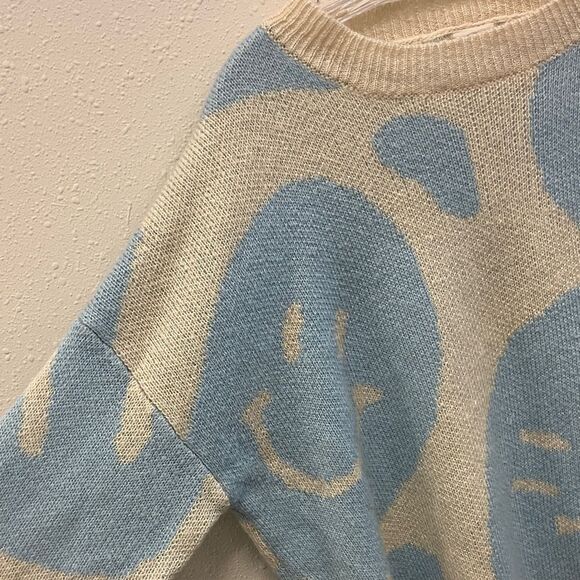 Altard State Blue & Cream Smiley Face Dolman Sleeve Oversized Sweater Small #716 - Picture 4 of 7